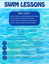 Swim lesson flyer dates and times, bright blue