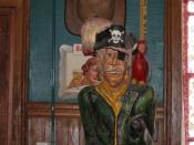 Pirate dressed in green, with black pirate hat with cross bones and a parrot and eye patch